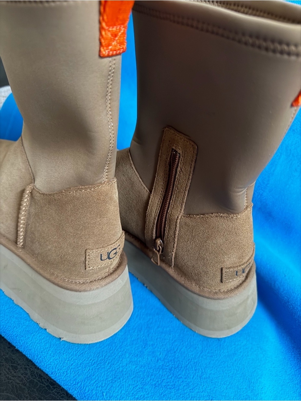 UGG Chestnut Brown Suede Zip-Back Boots with Orange Pull Tabs